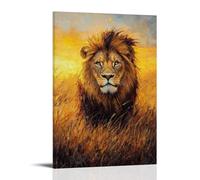 HHYXMJLL Dipinto ad olio con animali - Leone maestoso nella savana dorata, arte realistica della fauna selvatica con texture ricche e caldi colori del tramonto, elegante poster decorativo da parete 50