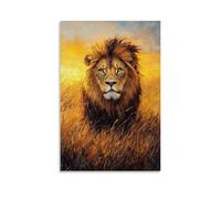 HHYXMJLL Dipinto ad olio con animali - Leone maestoso nella savana dorata, arte realistica della fauna selvatica con texture ricche e caldi colori del tramonto, elegante poster decorativo da parete 50