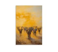 HHYXMJLL Dipinto ad olio con animali, mandria di elefanti regali che attraversano le pianure africane polverose all'ora d'oro, elegante poster decorativo da parete, 20 x 30 cm