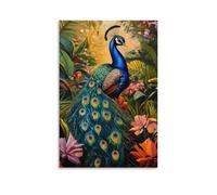 HHYXMJLL Dipinto ad olio con animali - Pavone colorato che mostra piume iridescenti in un lussureggiante giardino ambientato elegante arte da appendere alla parete, poster decorativo da parete 30 x 45