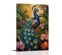HHYXMJLL Dipinto ad olio con animali - Pavone colorato che mostra piume iridescenti in un lussureggiante giardino, elegante poster decorativo da appendere alla parete, 20 x 30 cm