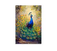 HHYXMJLL Dipinto ad olio con animali - Pavone colorato che mostra piume vivaci in un giardino illuminato dal sole, elegante arte da appendere alla parete, poster decorativo da parete 50 x 75 cm