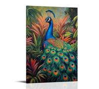 HHYXMJLL Dipinto ad olio con animali, pavone colorato che mostra piume vivaci in un lussureggiante giardino, elegante arte da appendere alla parete, poster decorativo da parete, 20 x 30 cm