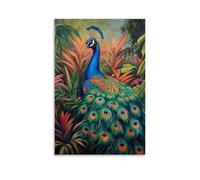 HHYXMJLL Dipinto ad olio con animali, pavone colorato che mostra piume vivaci in un lussureggiante giardino, elegante arte da appendere alla parete, poster decorativo da parete 30 x 45 cm