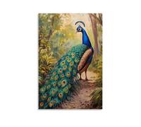 HHYXMJLL Dipinto ad olio con animali, pavone colorato che mostra piume vivaci nel giardino botanico, elegante arte da appendere alla parete, poster decorativo da parete 40 x 60 cm
