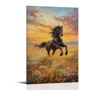 HHYXMJLL Dipinto ad olio con animali, potente stallone galoppante sul prato di fiori selvatici all'alba, elegante poster decorativo da parete 50 x 75 cm