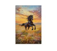HHYXMJLL Dipinto ad olio con animali, potente stallone galoppante sul prato di fiori selvatici all'alba, elegante poster decorativo da parete 50 x 75 cm