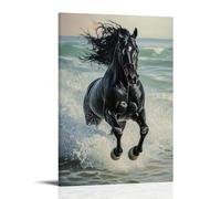 HHYXMJLL Dipinto ad olio con animali, potente stallone nero galoppante tra le onde dell'oceano con spettacolari riflessi di schiuma marina, elegante poster artistico decorativo da parete 50 x 75 cm