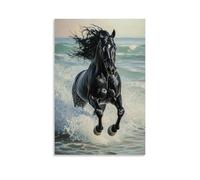 HHYXMJLL Dipinto ad olio con animali, potente stallone nero galoppante tra le onde dell'oceano con spettacolari riflessi di schiuma marina, elegante poster artistico decorativo da parete 50 x 75 cm