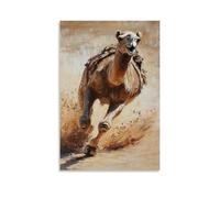 HHYXMJLL Dipinto ad olio con animali: un cammello che corre attraverso una pista nel deserto, sabbia sollevata sulla sua scia. Elegante poster decorativo da appendere alla parete, 30 x 45 cm