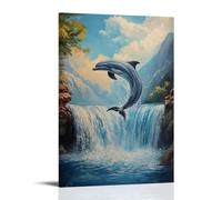 HHYXMJLL Dipinto ad olio con animali: un delfino che salta da una cascata nelle rapide del canyon in una scogliera che si immerge nella scogliera, elegante poster artistico da appendere alla parete