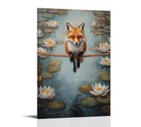HHYXMJLL Dipinto ad olio con animali: una volpe in bilico su un circo fune sopra uno stagno di ninfee, elegante poster decorativo da parete, 40 x 60 cm