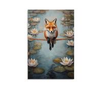 HHYXMJLL Dipinto ad olio con animali: una volpe in bilico su un circo fune sopra uno stagno di ninfee, elegante poster decorativo da parete, 40 x 60 cm