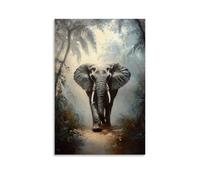 HHYXMJLL Dipinto ad olio con animali - Vecchio elefante saggio con pelle rugosa che cammina attraverso la giungla nebbiosa, elegante poster decorativo da appendere alla parete, 50 x 75 cm