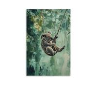 HHYXMJLL Dipinto ad olio di un koala navigante baldacchino zipline, zampe diffuse contro una foresta pluviale pastello su tela verde. Elegante poster decorativo da appendere alla parete, 20 x 30 cm