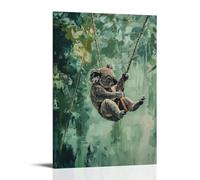 HHYXMJLL Dipinto ad olio di un koala navigante baldacchino zipline, zampe diffuse contro una foresta pluviale pastello su tela verde. Elegante poster decorativo da appendere alla parete, 20 x 30 cm