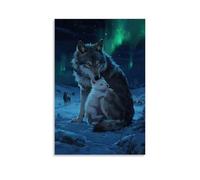 HHYXMJLL Lupo che si nasconde tra le braccia della madre, luce verde tremolante nella notte innevata, con lupi che ululano in lontananza, elegante poster decorativo da parete, 30 x 45 cm