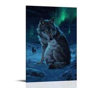 HHYXMJLL Lupo che si nasconde tra le braccia della madre, luce verde tremolante nella notte innevata, con lupi che ululano in lontananza, elegante poster decorativo da parete, 60 x 90 cm