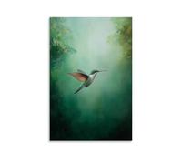 HHYXMJLL Pittura a olio con animali di un colibrì che fa paracadutismo attraverso la nebbia della foresta pluviale, colori scintillanti su uno sfondo di giada nebbia. Elegante poster artistico da