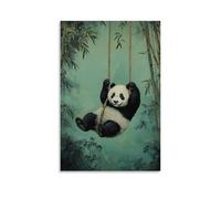 HHYXMJLL Pittura a olio con animali di un panda che si snoda attraverso foreste di bambù, gioia senza peso contro un caldo cielo verde giada. Elegante poster artistico da appendere alla parete, poster