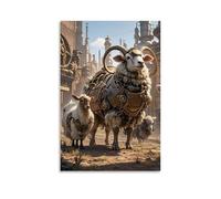 HHYXMJLL Poster a forma di animale con un bue con grandi corna e un cesto di pelle, vicino a un branco di pecore, elegante poster decorativo da parete, 20 x 30 cm