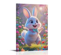 HHYXMJLL Poster a tema animali con un giovane coniglio con papillon e farfalla seduto vicino a fiori colorati, elegante poster artistico da appendere alla parete, poster decorativo da parete 60 x 90