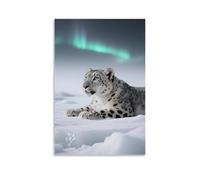 HHYXMJLL Poster con animali, leopardo delle nevi sdraiato su un ghiacciaio, occhi fissi sull'aurora lontana, elegante poster decorativo da parete, 20 x 30 cm