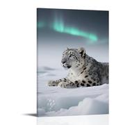 HHYXMJLL Poster con animali, leopardo delle nevi sdraiato su un ghiacciaio, occhi fissi sull'aurora lontana, elegante poster decorativo da parete, 50 x 75 cm