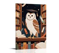 HHYXMJLL Poster con animali, un gufo che indossa un berretto da scapolo, si trova su una libreria piena di libri, elegante poster artistico da appendere alla parete, poster decorativo 40 x 60 cm
