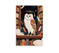 HHYXMJLL Poster con animali, un gufo che indossa un berretto da scapolo, si trova su una libreria piena di libri, elegante poster artistico da appendere alla parete, poster decorativo 40 x 60 cm