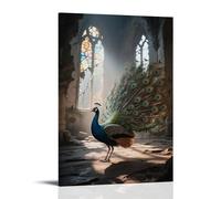 HHYXMJLL Poster con animali, un pavone allarga la coda in una chiesa in rovina, piume di coda che riflettono vetro colorato, elegante poster artistico da appendere alla parete, poster decorativo da