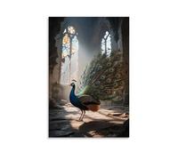 HHYXMJLL Poster con animali, un pavone allarga la coda in una chiesa in rovina, piume di coda che riflettono vetro colorato, elegante poster artistico da appendere alla parete, poster decorativo da