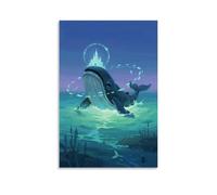 HHYXMJLL Poster decorativo da appendere alla parete, con balena di mare profondo che trasporta un castello luminoso, circondato da pesci, acqua di mare in sfumatura blu-viola, poster decorativo da