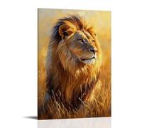 HHYXMJLL Poster decorativo da appendere alla parete con dipinto a olio con leone maestoso nella savana dorata, un ritratto regale della natura, re con criniera illuminata dal sole, elegante poster