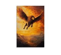 HHYXMJLL Poster decorativo da appendere alla parete con dipinto ad olio di un leone che vola sopra le valli dorate, con criniera che scorre contro un cielo di alba infuocata. Elegante poster