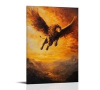 HHYXMJLL Poster decorativo da appendere alla parete con dipinto ad olio di un leone che vola sopra le valli dorate, criniera che scorre contro un cielo di alba infuocata. Poster decorativo da