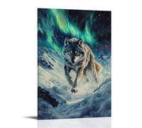 HHYXMJLL Poster decorativo da appendere alla parete con dipinto ad olio di un lupo che scaglia archi attraverso la polvere glaciale, saltando sotto i cieli ghiacciati pieni di aurora. Elegante poster