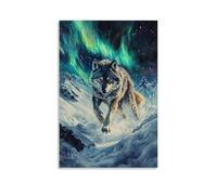 HHYXMJLL Poster decorativo da appendere alla parete con dipinto ad olio di un lupo che scaglia archi attraverso la polvere glaciale, saltando sotto i cieli ghiacciati pieni di aurora. Elegante poster