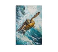 HHYXMJLL Poster decorativo da appendere alla parete, con dipinto ad olio di una tartaruga che cavalca rapide come un kayaker, su una tela liscia azzurra. Elegante poster decorativo da appendere alla