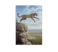 HHYXMJLL Poster decorativo da appendere alla parete, motivo: un ghepardo che salta da uno sperone roccioso sopra una savana sotto un elegante dipinto a olio da appendere alla parete, poster decorativo