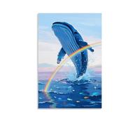 HHYXMJLL Poster decorativo da parete con balena blu che salta fuori dal mare, la pancia che riflette un doppio arcobaleno, con pesci luminosi nascosti tra le onde, poster decorativo da parete, 60 x 90