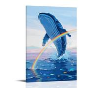 HHYXMJLL Poster decorativo da parete con balena blu che salta fuori dal mare, la pancia che riflette un doppio arcobaleno, con pesci luminosi nascosti tra le onde, poster decorativo da parete, 60 x 90