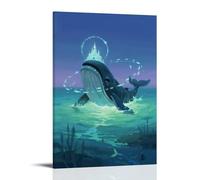 HHYXMJLL Poster decorativo da parete con balena di mare profondo che trasporta un castello luminoso, circondato da pesci, acqua di mare in sfumatura blu-viola, elegante poster decorativo da parete, 50