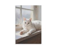 HHYXMJLL Poster decorativo da parete con gatto bianco sdraiato sul davanzale della finestra, con zampa oltre il bordo, poster decorativo da parete, 60 x 90 cm