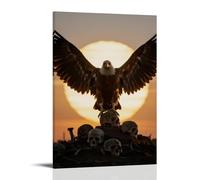 HHYXMJLL Un avvoltoio si trova su un mucchio di teschi, allargando le ali per bloccare il sole al tramonto, con bordi dorati sulle piume, elegante poster decorativo da parete, 30 x 45 cm