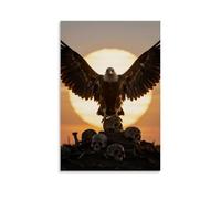 HHYXMJLL Un avvoltoio si trova su un mucchio di teschi, allargando le ali per bloccare il sole al tramonto, con bordi dorati sulle piume, elegante poster decorativo da parete, 20 x 30 cm
