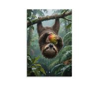 HHYXMJLL Un bradipo appeso a testa in giù su una vite della foresta pluviale tropicale, artigli che afferrano un mango, gocce di pioggia che scivolano lungo la sua pelliccia, elegante poster artistico