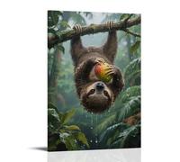HHYXMJLL Un bradipo appeso a testa in giù su una vite della foresta pluviale tropicale, artigli che afferrano un mango, gocce di pioggia che scivolano lungo la sua pelliccia, elegante poster artistico