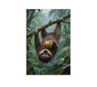 HHYXMJLL Un bradipo appeso a testa in giù su una vite della foresta pluviale tropicale, artigli che afferrano un mango, gocce di pioggia che scivolano lungo la pelliccia, elegante poster artistico da