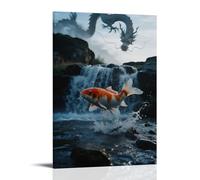 HHYXMJLL Un pesce koi che salta contro la corrente attraverso una cascata, squame scintillanti, con l'ombra di un drago nascosta nella nebbia, elegante poster artistico da appendere alla parete